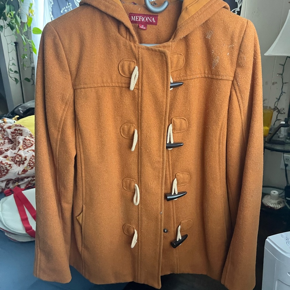 Merona Orange Pea Coat with Hood and Woolen Fabric